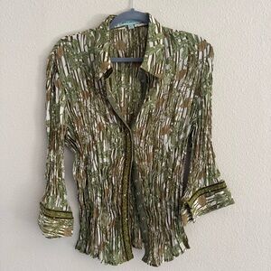 Y2K Crinkled Floral Button-Up Top in Olive Green and Tan